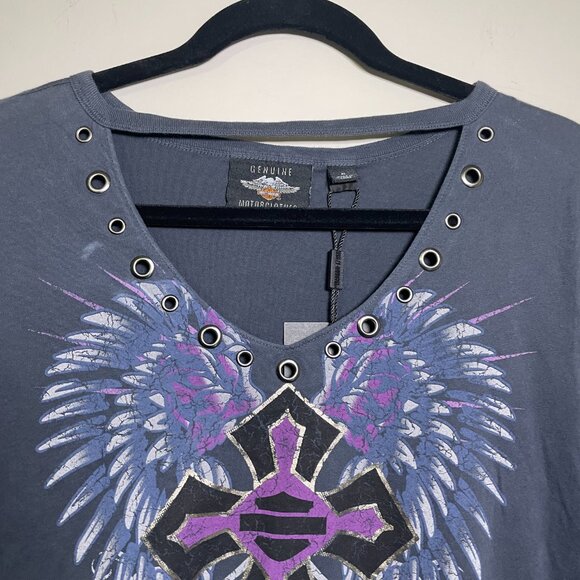 NWT Women's XL Harley Davidson Gray/Blue Winged Cross Short Sleeve T-Shirt - Picture 3 of 7